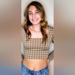Mocha + Taupe Plaid Print Square Neck Crop Top